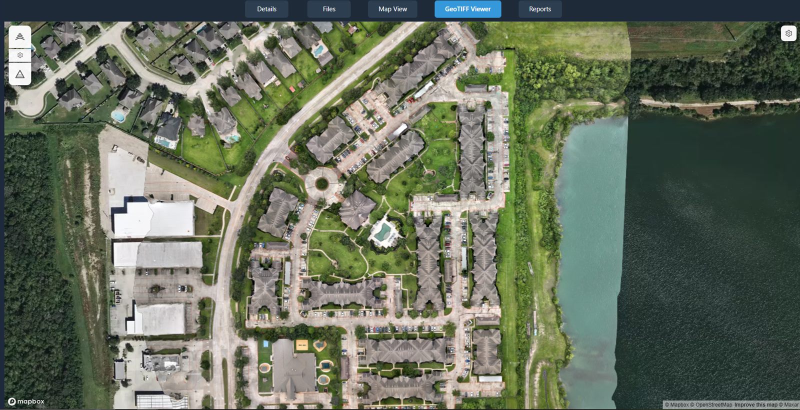 Browser-based GeoTIFF viewer displaying a drone orthomosaic with zoom and pan
