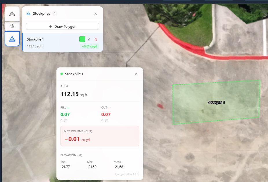 Stockpile volume measurement results panel