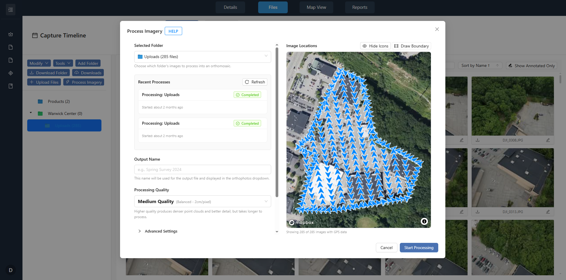 DataDelivery image processing interface for generating orthomosaics and point clouds